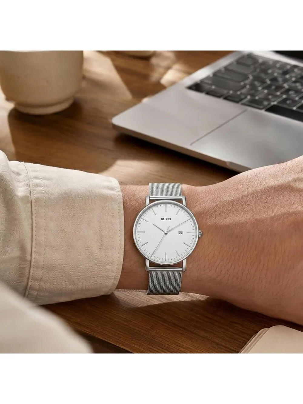 Men's Silver Stainless Steel Mesh Band Minimalist Analog Waterproof Wrist Watch